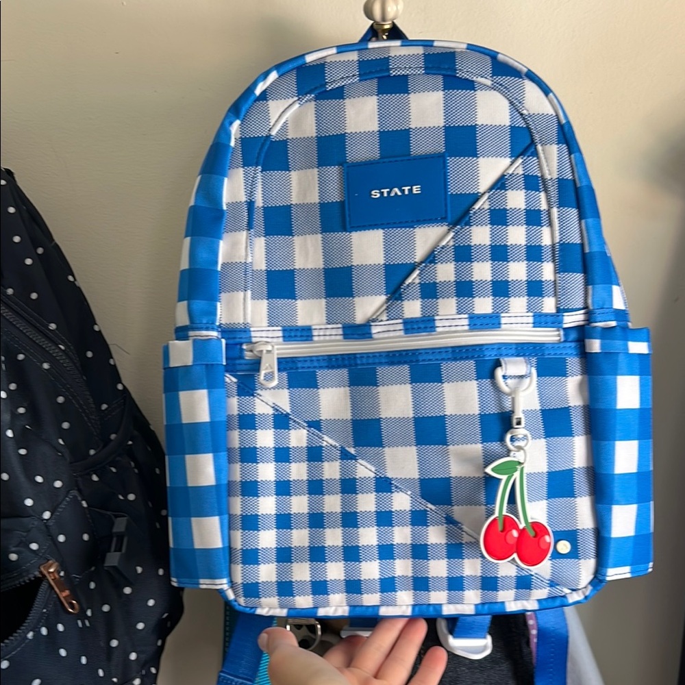 STATE Blue and White Checkered Backpack with Cherry Charm. New